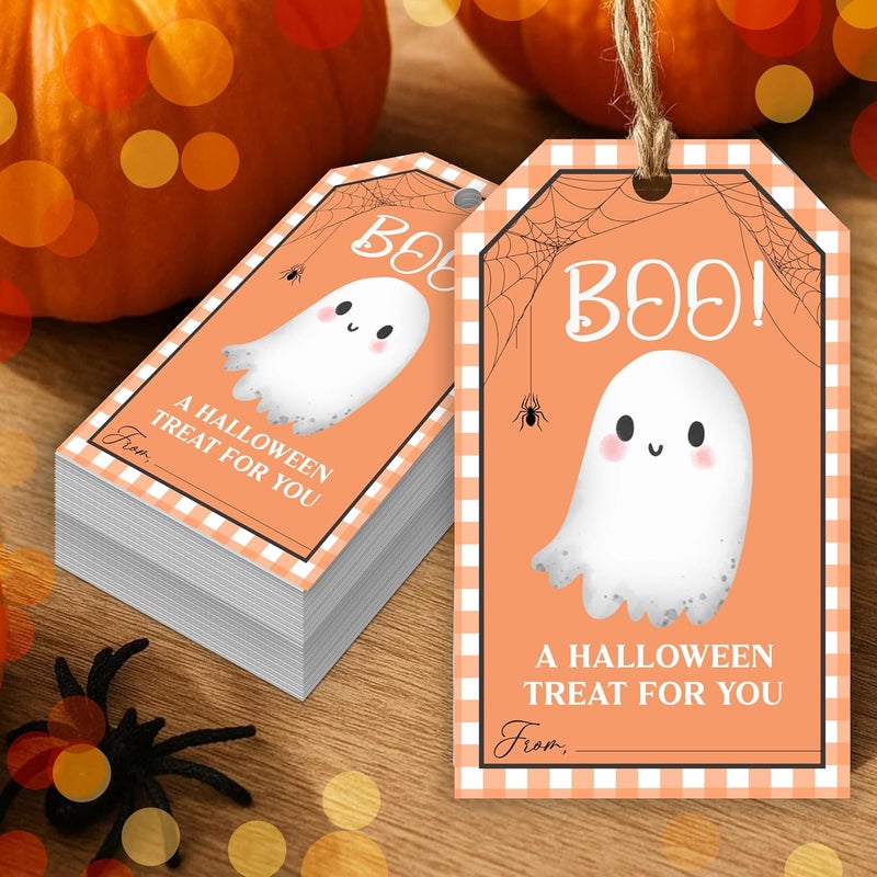 HandEasy 50 Pcs Halloween Tags with String, 2.1"×3.5" Boo Paper Gifts Tags, Ghost Trick or Treat for Candy, Halloween Gifts Tag Wrap for Party Favor - B08 - Image 1